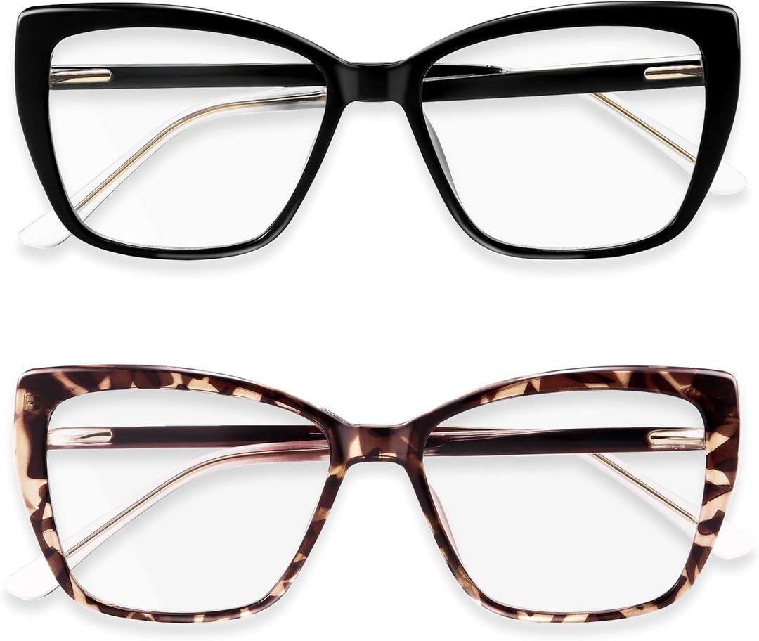 CCVOO Trendy Reading Glasses for Women, Oversized Blue Light Readers, Cheaters Eyeglasses, Stylish Square Cat Eye Glasses (Black + Tortoise)