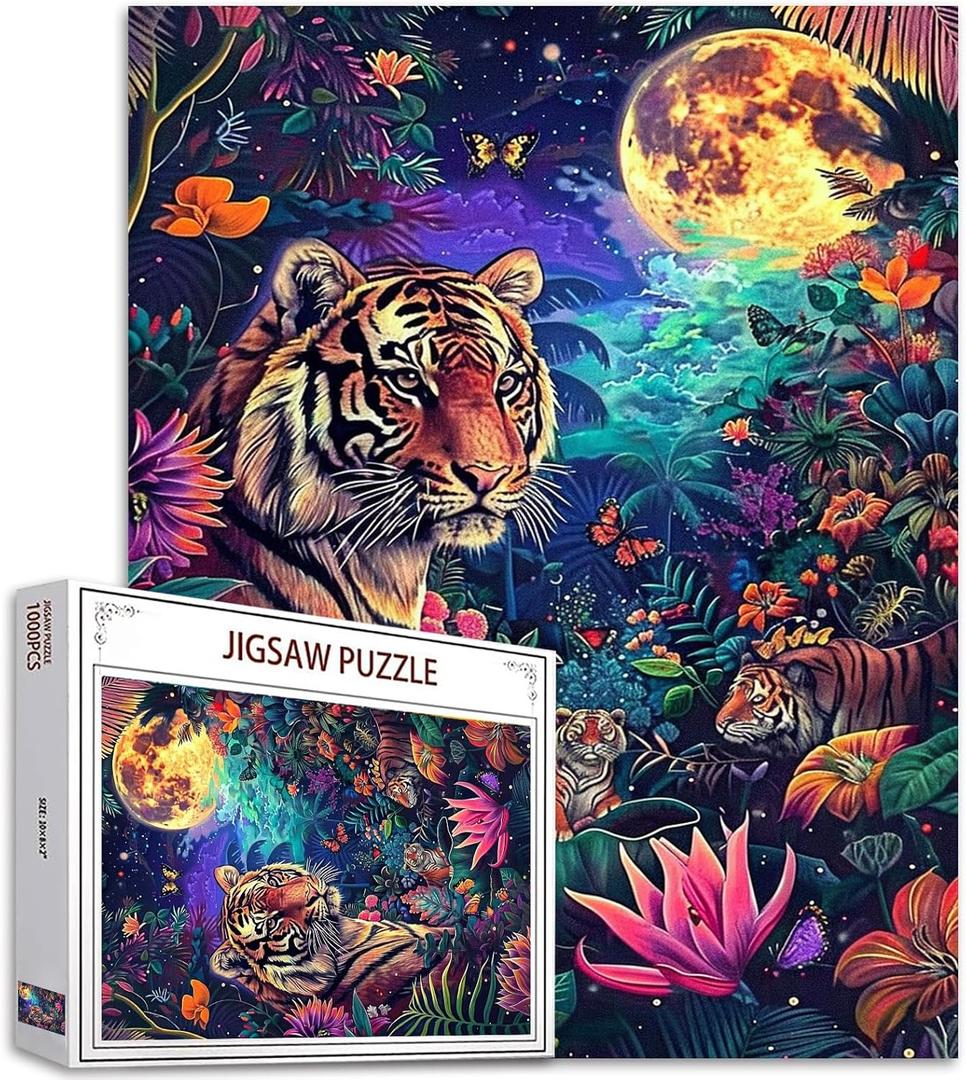 1000 Piece Jigsaw Puzzles for Adults Tiger at Full Moon Painting Jigsaw Puzzle African Animal Puzzles for Challenging Family Activity Game Forest Wildlife Art DIY Puzzle Wall Decor Gifts(Colorful) (19.7''Wx27.6'H)
