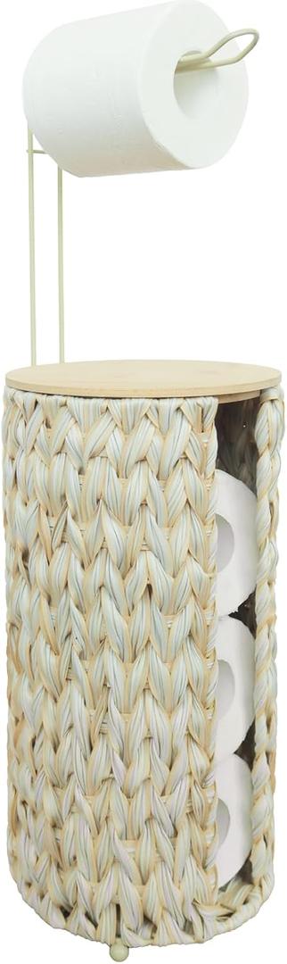 Endymion Toilet Paper Holder Stand,Free-Standing Toilet Paper Storage,Boho Decorative 4 Rolls of Toilet Tissue Holder for Bathroom Floor, with Wooden Lid (White)