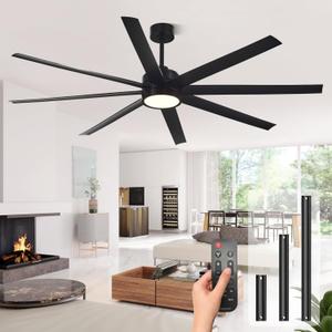 Modern Ceiling Fans with Lights, 72 Inch Ceiling Fan with Light and Remote,Living Room Library Cafe Outdoor/Industrial,24W 3CCT 8 Blades 6 Speed Reversible Quiet DC Motor, Black