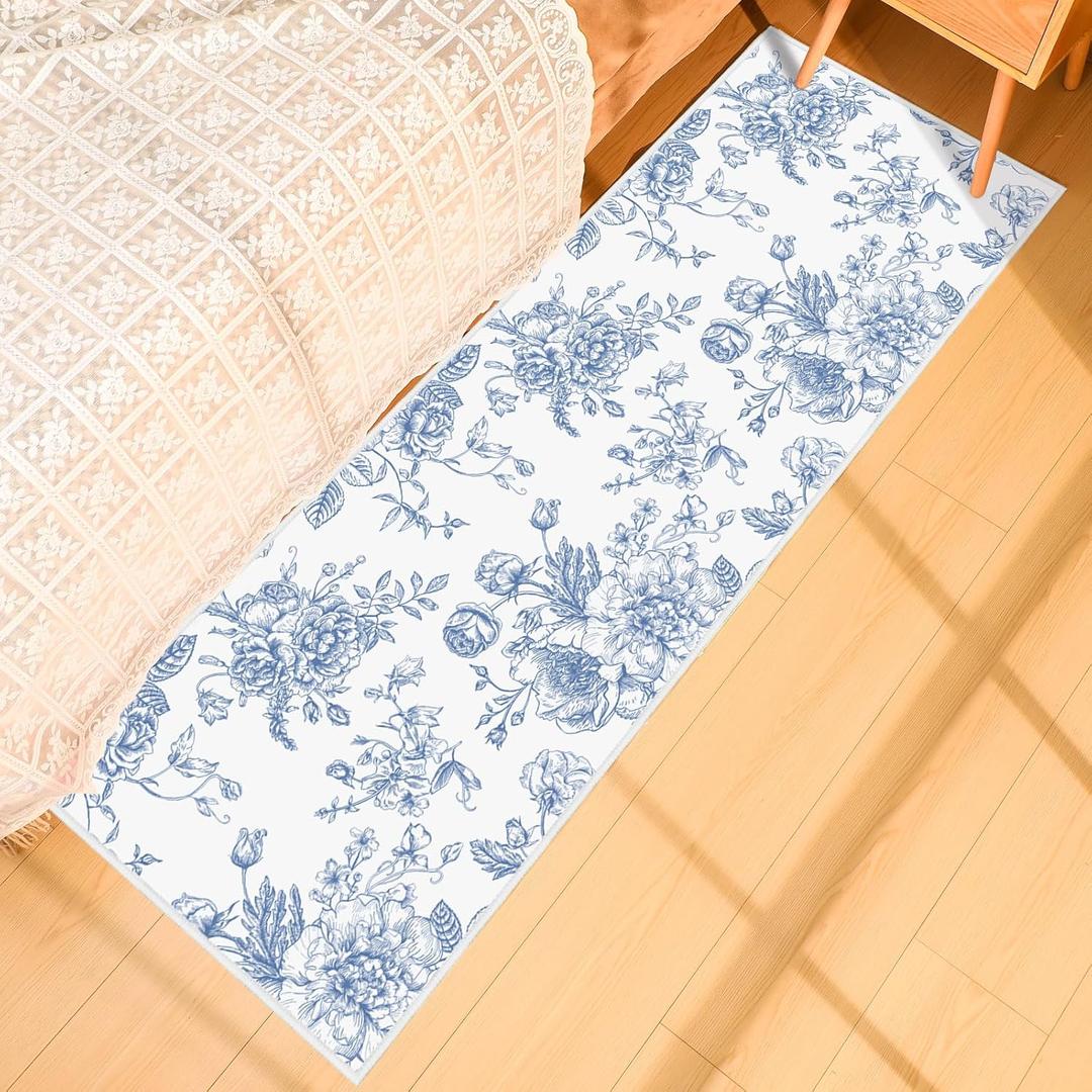 Blur Floral Runner Rug 2 x 6 ft Large Something Blue Before I Do Soft Washable Rug with Non Slip, Low Pile Stain Resistance Carpet for Entryway Hallway Kitchen Laundry Living Room