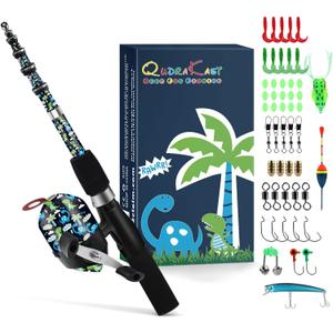 QudraKast Kids Fishing Pole (1.4M 4.59FT, B-RAWRR Dinosaur Set)
