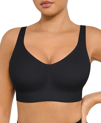 FeelinGirl Womens Wireless Large Bust Bras Built-in Cups Bralettes No Underwire Full Coverage T-Shirt Bra Plus Size Everyday Black 4XL