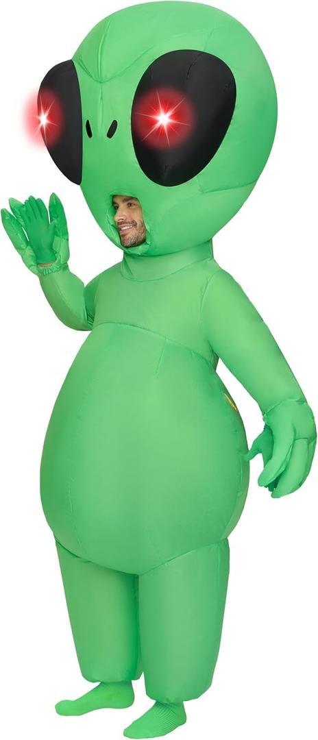 Spooktacular Creations Adults Halloween Inflatable Costumes with Light Up Eyes, Scary Alien Blow Up Costumes for Men, Full Body Green Inflatable Suit with Gloves for Cosplay Alien Themed Parties
