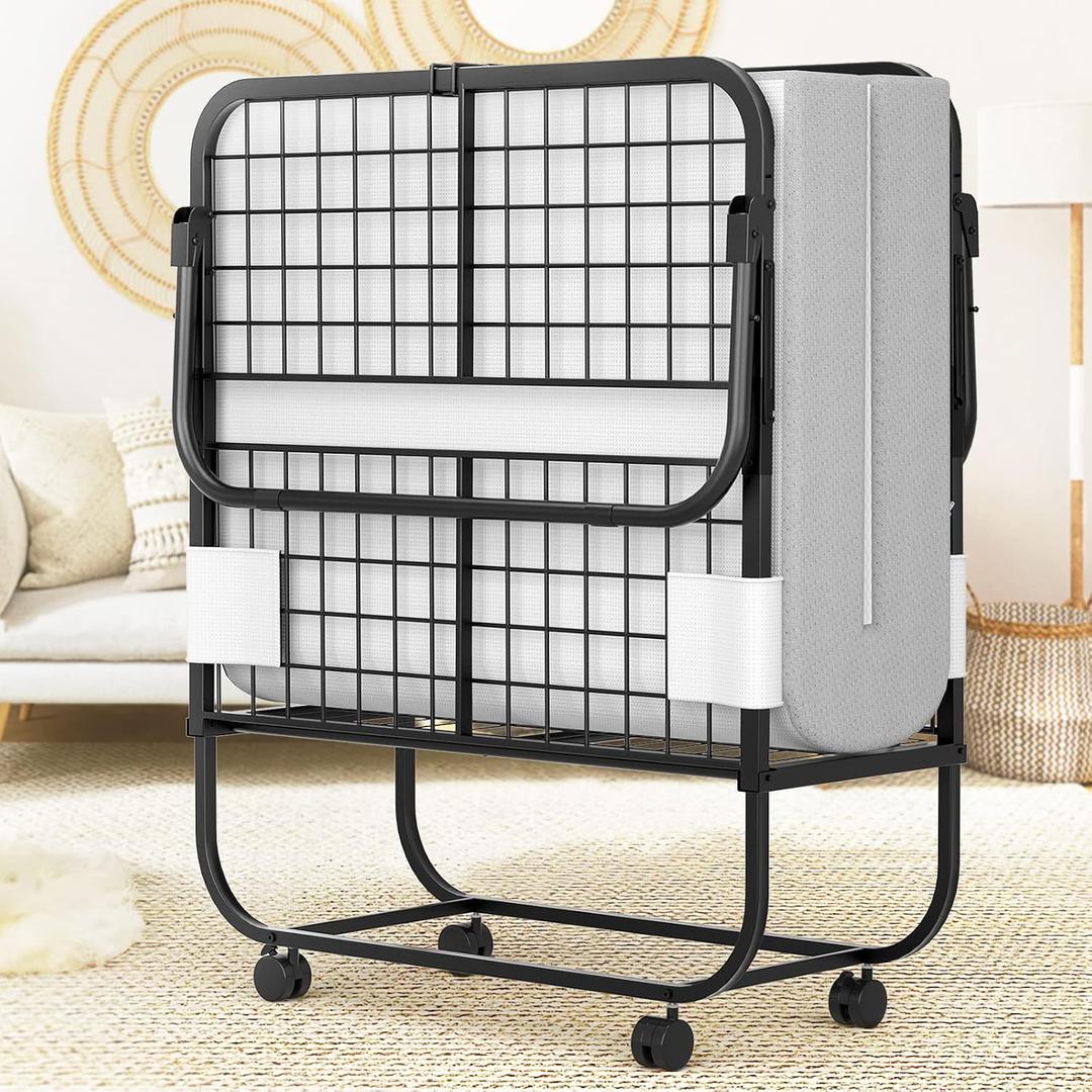 Homieasy Folding Bed with 5 Inch Memory Foam Mattress, 75 x 31 Cot Size Rollaway Guest Bed for Adults, Sturdy Metal Frame Foldable Bed Supports 300lbs, Portable Bed on Wheels with Storage Cover