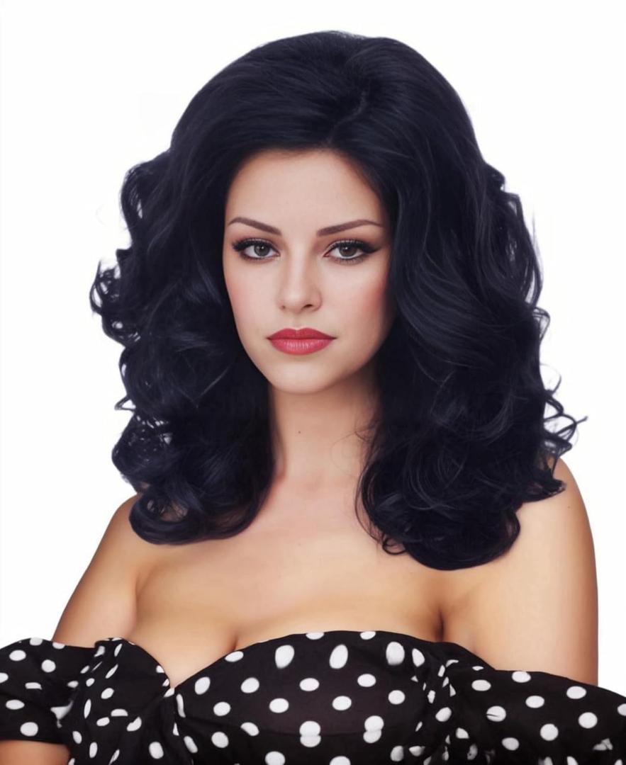 16 Inches Black Wigs for Women Long Wavy Wig Synthetic Natural Shoulder Length Wig for 70s 80s Cosplay,Halloween,Daily Use