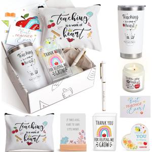 UAREHIBY 10 PCS Best Teacher Appreciation Gifts for Women,20 OZ Wine Tumbler Back to School Gifts for Teachers,Personalized Thank You Basket Box with Cosmetic Bag for New Teacher