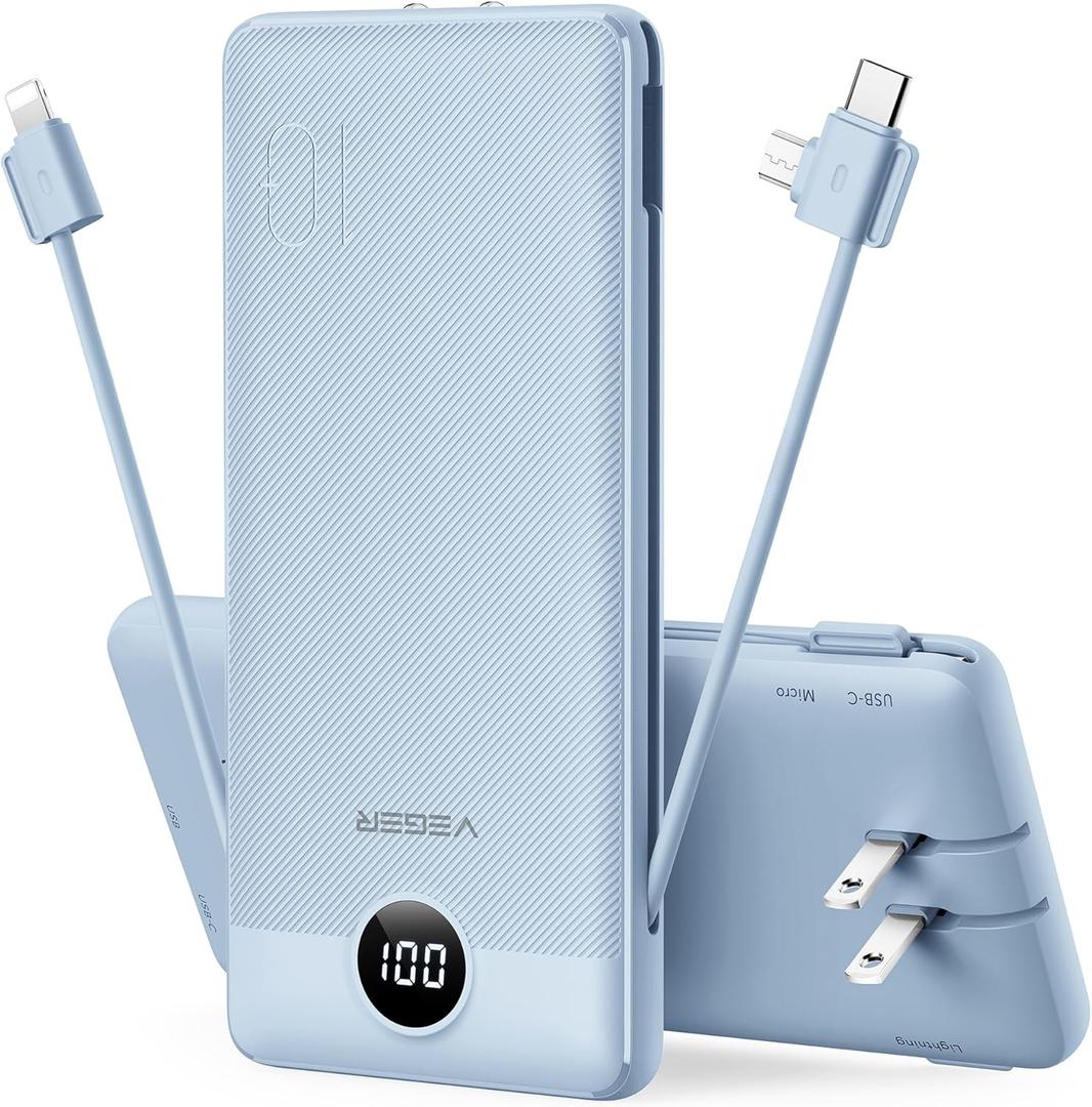 VEGER Portable Charger with Built-in AC Plug and Cables, All in One 10000mAh Ultra Slim Power Bank Travel Essentials, Fast Charging Battery Pack Compatible with iPhone, Samsung, Android (Blue)