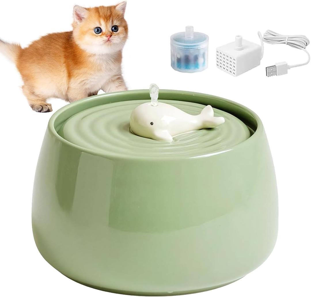 Ceramic Cat Water Fountain, 45oz/1.3L Porcelain Cat Water Dispenser, Automatic pet Water Fountain with Ultra-Quiet Pump, Perfect for Cats and Small Dogs, Cute Design (Green)