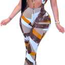 Remelon Womens Spaghetti Strap Halter Tie Dye Print Cut Out Bodycon Bell Flare Pants Club Party One Piece Jumpsuits Rompers (Large, 1-brown)