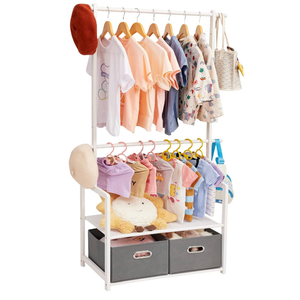Kids Clothing Rack Bamboo with 2 Storage Baskets and 2 Adjustable Hanging Rods,Child Garment Holder with Shelf, Dress up Stand for Playroom,Toddlers Bedroom (White)