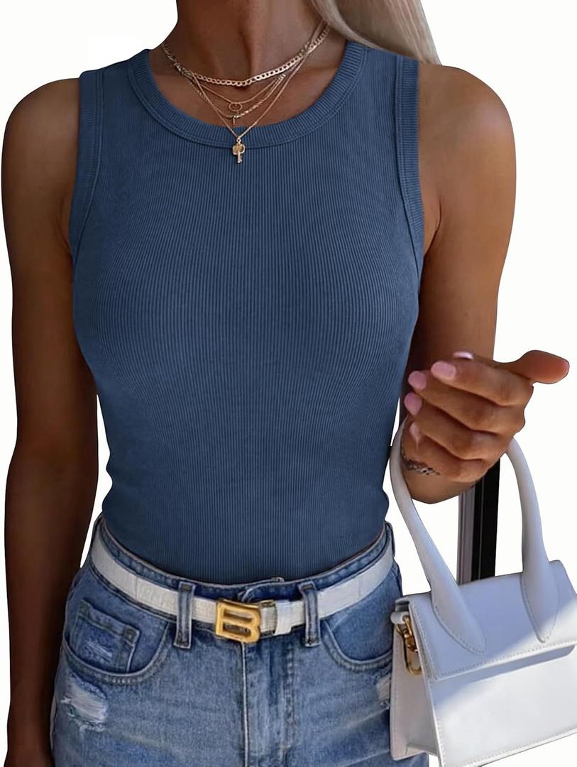 Zeagoo Womens Sleeveless Crewneck Ribbed Tank Tops Casual Basic Summer Top Slim Fitted Racerback Shirts (Small, Dark Blue)