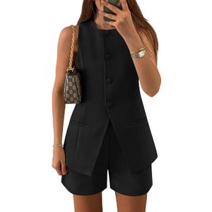 ZESICA Women's 2026 Summer 2 Piece Short Sets Sleeveless Crew Neck Suit Vest Tops High Waist Shorts Business Outfits (Medium, Black)