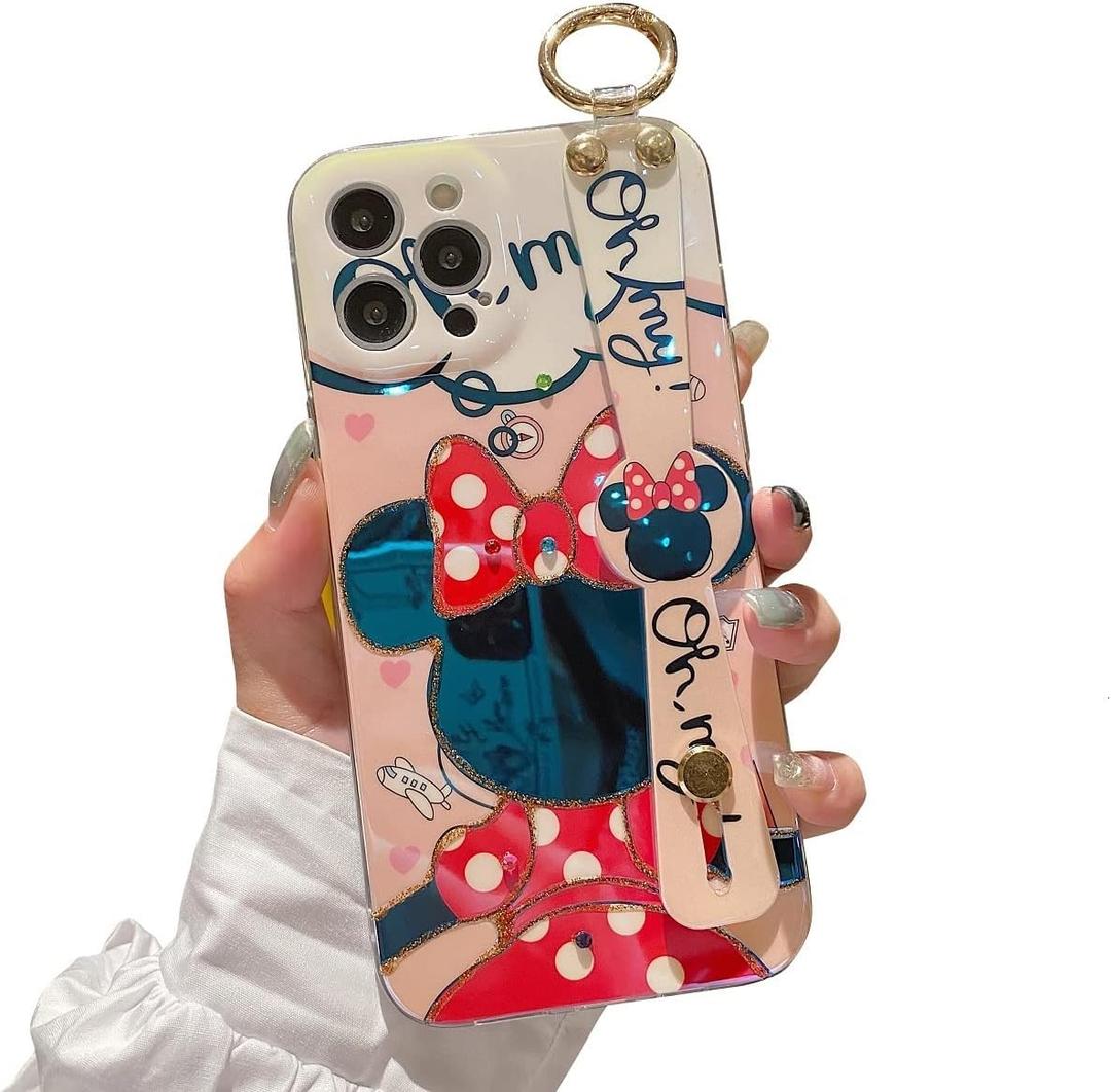 for iPhone 13 Pro Case Cute with Wrist Strap Kickstand Glitter Bling Cartoon IMD Soft TPU Shockproof Protective Cases Cover for Girls and Women - Minnie