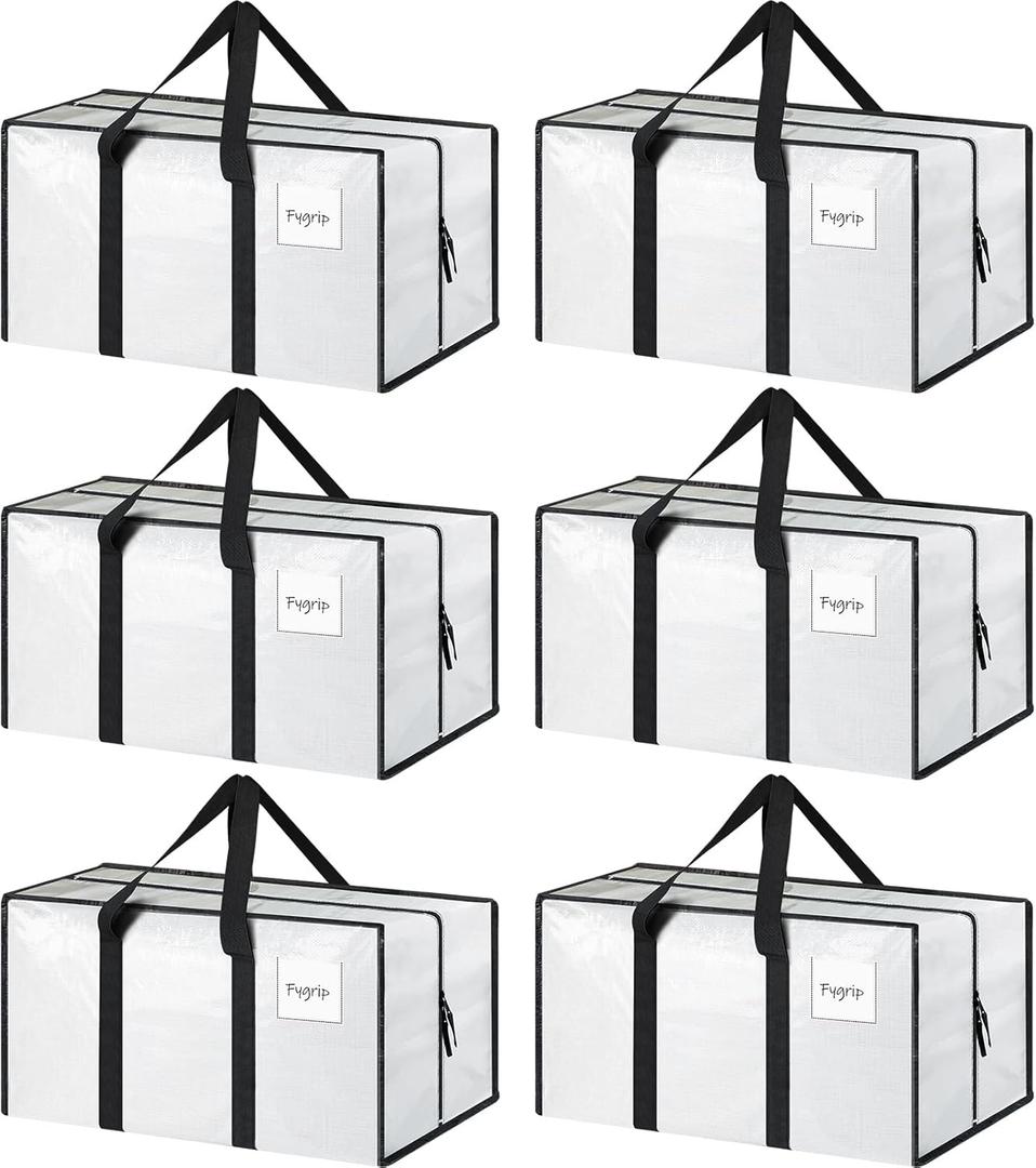 FYGRIP 6 Pack Extra Heavy Duty Large Moving Bags with Strong Zipper & Comfortable Handles, Sturdy & Durable Clothes Storage Bags Totes Bins, Packing Moving Boxes for College Supplies, White