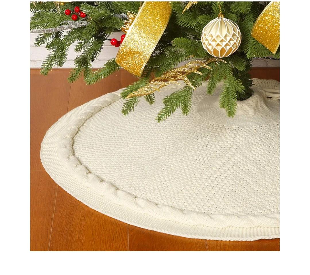 Sattiyrch Christmas Tree Skirt 48 in, Luxury Cable Knit Knitted Thick Rustic Xmas Holiday Decoration,Cream