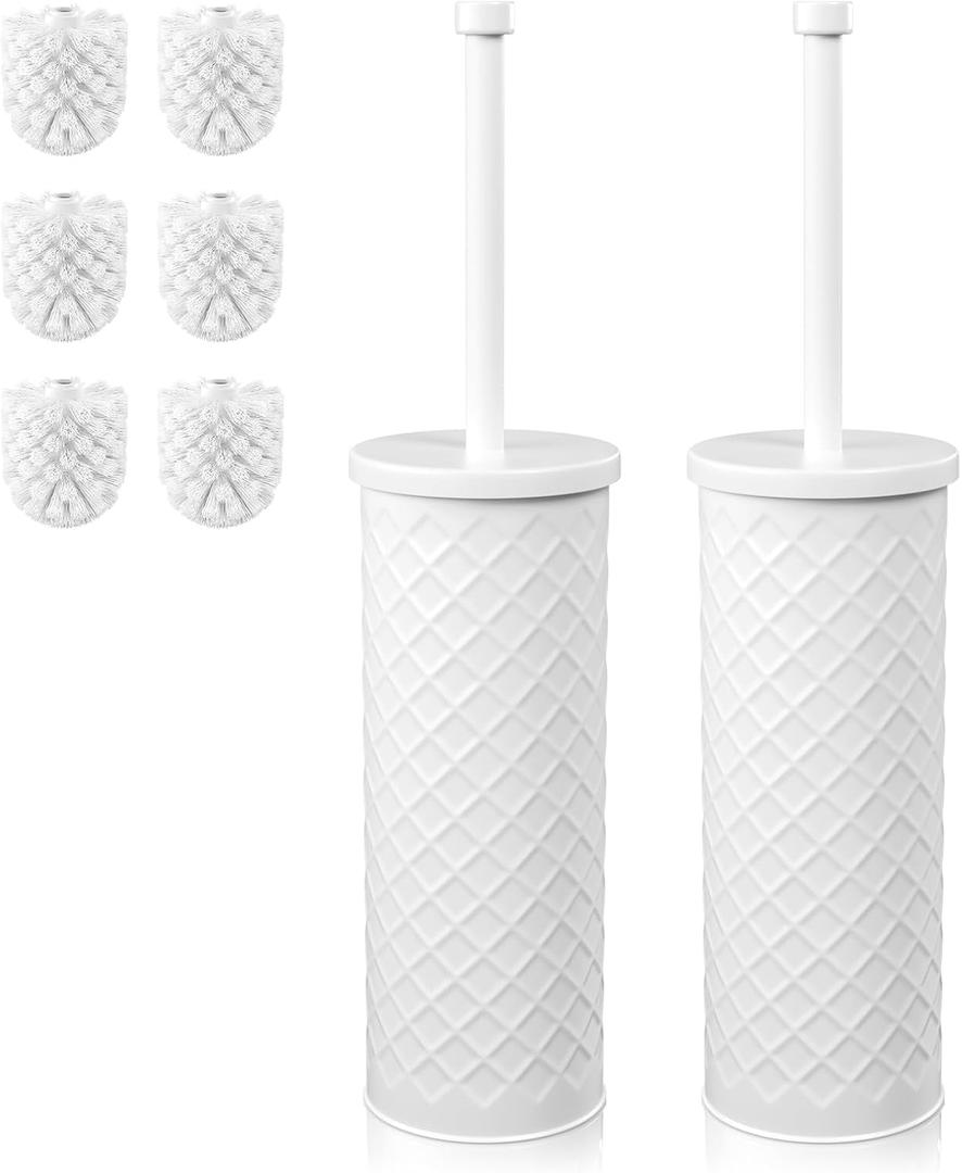 Toilet Bowl Brush and Holder Set 2 Pack with 4 Extra Brush Heads | Extra Long Handle with Splash Guard Cover, Tool-Free Installation, Bathroom Space-Saving, Cleaner Sets for Apartments, RV (White)