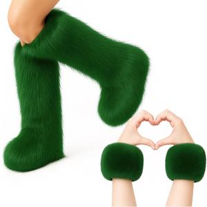 Berlune 2 Pairs Faux Fur Fuzzy Leg Warmers Furry Wrist Cuffs Fluffy Boot Covers for Women Girls Winter Valentines Costume (Green)