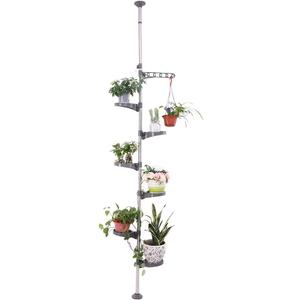 BAOYOUNI 7-Tier Indoor Plant Pole Spring Tension Rod Expandable Flower Pots Display Rack Stand Hanger Metal Corner Storage Shelf, Grey (Gray)
