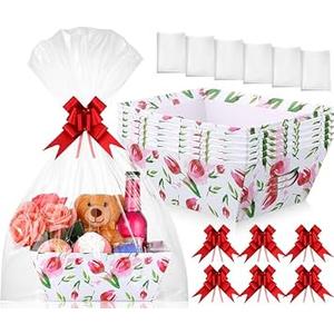 Skyygemm 6 Pcs 9.8 x 6.5Inch Mother's Day Basket for Gifts Empty with Cellophane Basket Bags and Ribbons Bows to Fill Sturdy Empty Gift Baskets with Flower Patterns for Mother's Day(Tulip)