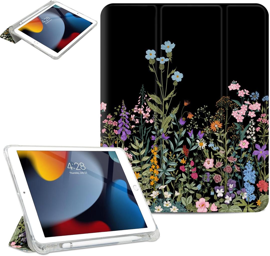 for iPad 9th/7th/8th Generation Case 10.2-inch, Fit for iPad Pro 10.5 Case, for iPad Air 3rd Generation Cases, Slim Cover Pencil Holder & 2 Viewing Angles & Typing Stand, Black Flower Art