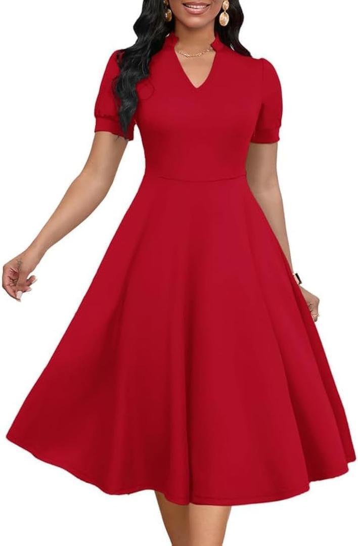 MarryUP Womens Short Puff Sleeve V Neck Casual Semi-Formal Cocktail Party A-Line Dress (006-red, Large)