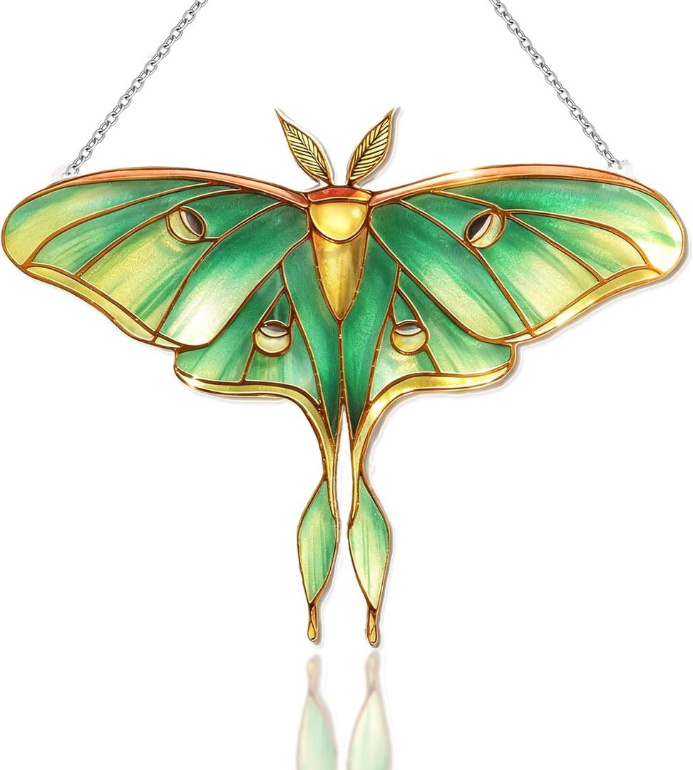 Stained Glass Window Hanging, Luna Moth Suncatcher for Window Decor, Gift for Women Mom Grandma and Art Lover, Ideal Gifts, Elegant Home Decor 5.8x7.3 Inch, Garden, Patio (Green)