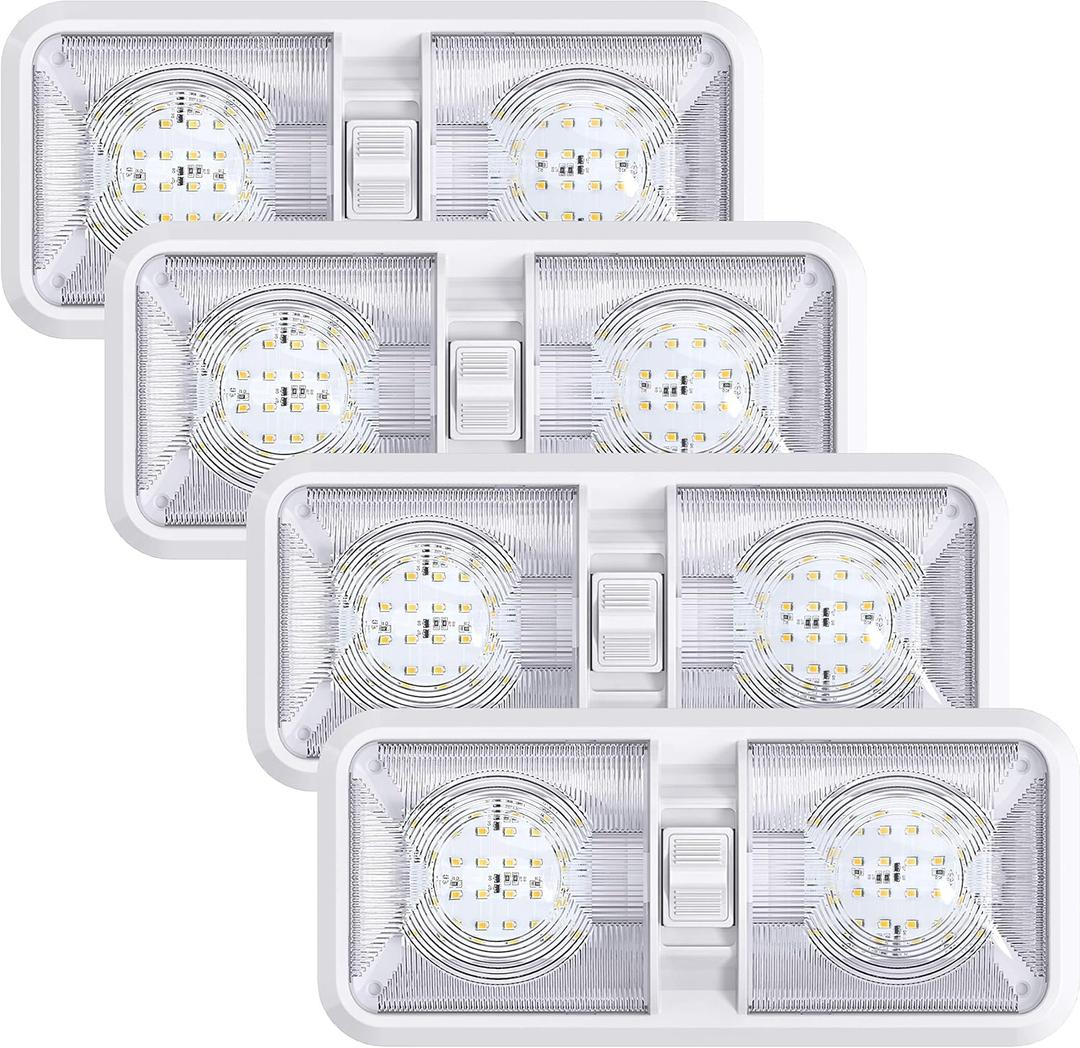 Leisure LED 4 Pack RV LED Ceiling Double Dome Light Fixture with ON/OFF Switch Interior Lighting for Car/RV/Trailer/Camper/Boat DC 12V Natural White 4000-4500K 48X2835SMD