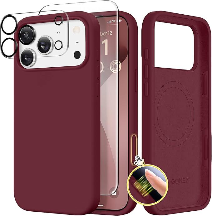 GONEZ Magnetic for iPhone 17 Pro Max Case, Compatible with MagSafe, [Screen Protector + Camera Lens Protector], Liquid Silicone Anti-Scratch Shockproof Protective Phone Case 6.9 inch, Maroon
