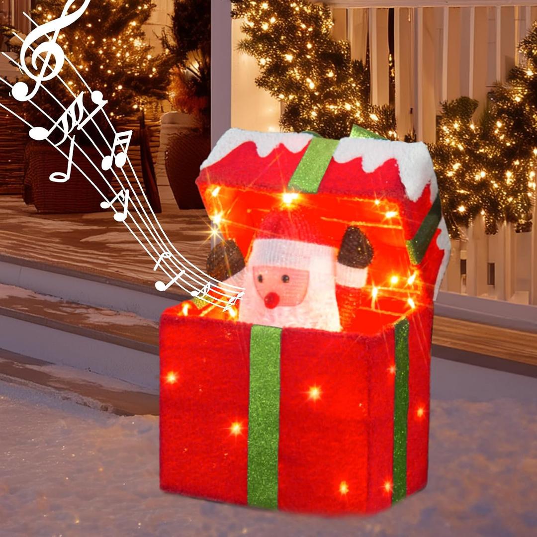 PEIDUO Animated Christmas Santa in Lighted Gift Box, Motion Sensor Christmas Music Decorative Lights, Under The Christmas Tree Present Decorations for Indoor Outdoor Yard Home Holiday Decor