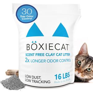 Boxie Unscented 30 Day Odor Control Clumping Clay Cat & Kitty Litter 16 lb, 99.9% Dust-Free, Hard Flat Top Clumps, No Fragrances No Fillers, Long-Lasting, Easy to Scoop