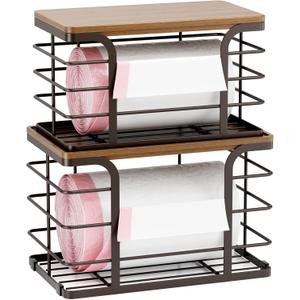 2 Pack Storage Stackable Kitchen Laundry Pantry Organizers,Wall Mount Trash Bag Holder Dispenser with Bamboo Top Countertop Organizer,Brown