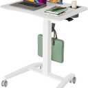 Gibbon Mounts 27" Mobile Rolling Standing Desk with Lockable Wheels, White Small Laptop Cart Height Adjustable with Cup Holder, Slot, Hook, Portable Pneumatic Teacher Rising Workstation for Classroom