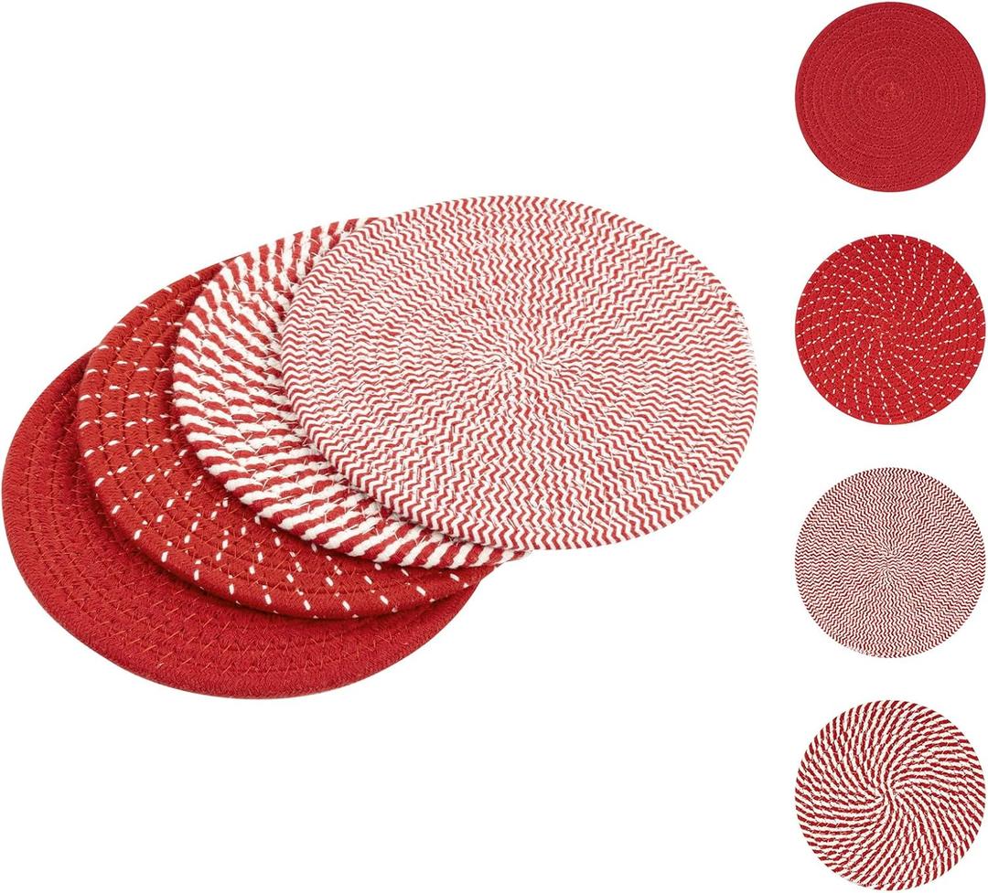 SHACOS 8 Inches Trivets for Hot Dishes, 4 Pieces Cotton Trivets Mats for Kitchen, Hot Pads for Countertops and Table, Heat-Resistant Pot Holders for Hot Pots and Pans(Red, 4pcs)