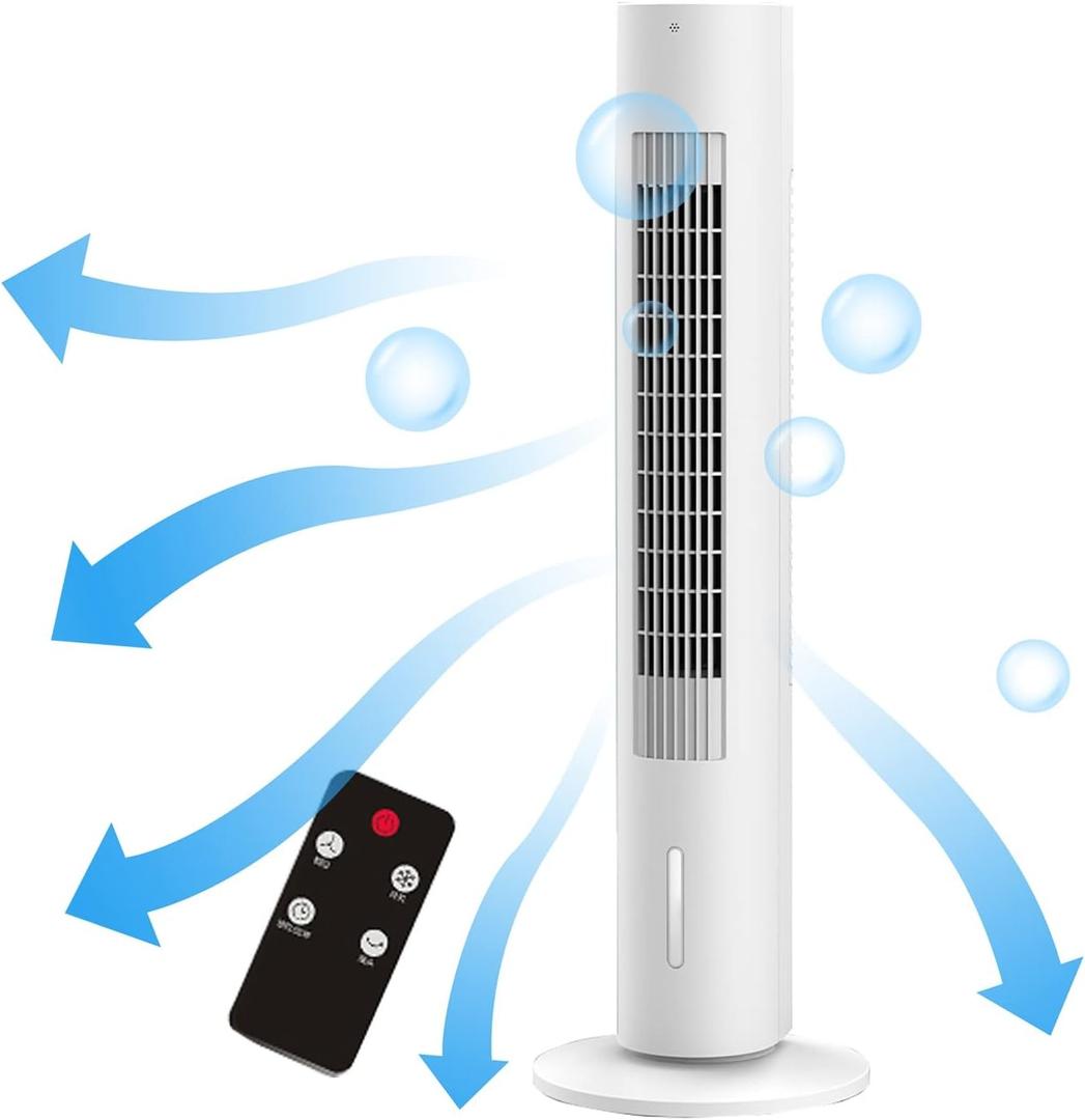 3 In 1 Portable Air Cooler, 70° Oscillating Fan, Tower Fan with Remote Control, Bladeless Floor Fan, 12H Timer, 3 Speeds, 4 Ice Packs, Air Conditioner Portable for Room Office