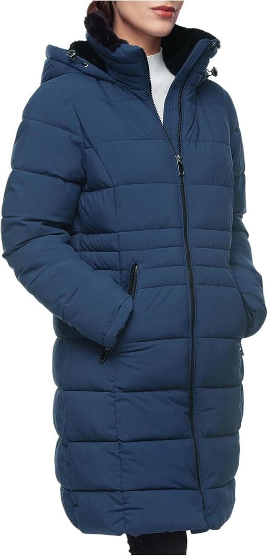 Rokka&Rolla Women's Maxi Winter Coat Long Puffer Jacket with Faux Fur Lined Hood (Large, Midnight Blue)