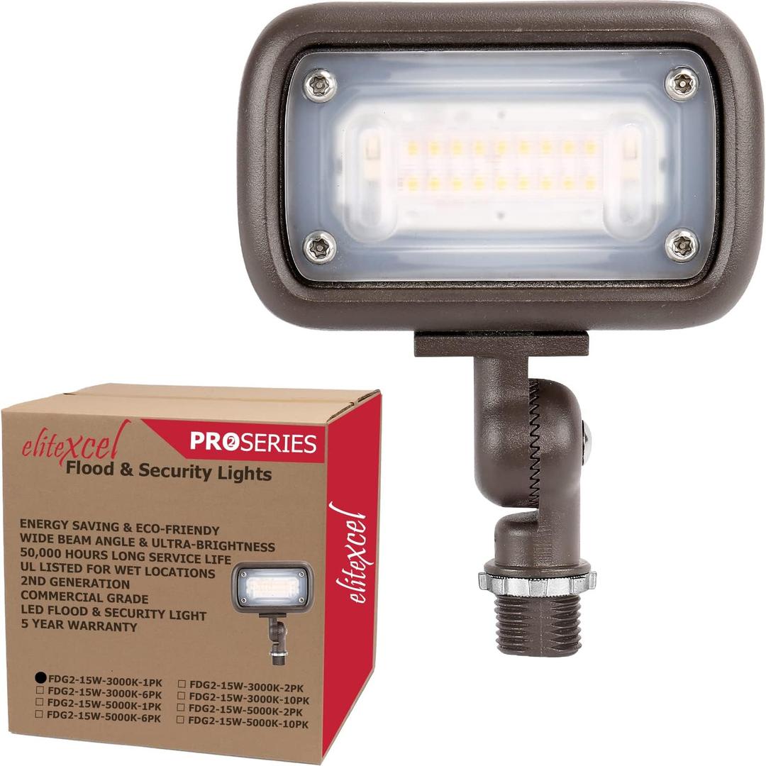 Gen2 Outdoor LED Landscape Light - 50W MH Equal, Waterproof, 15W, 1370 Lumen, 3000K Warm White - Backyard Walkway Security Light, 1/2" Knuckle Mount, 120-277V