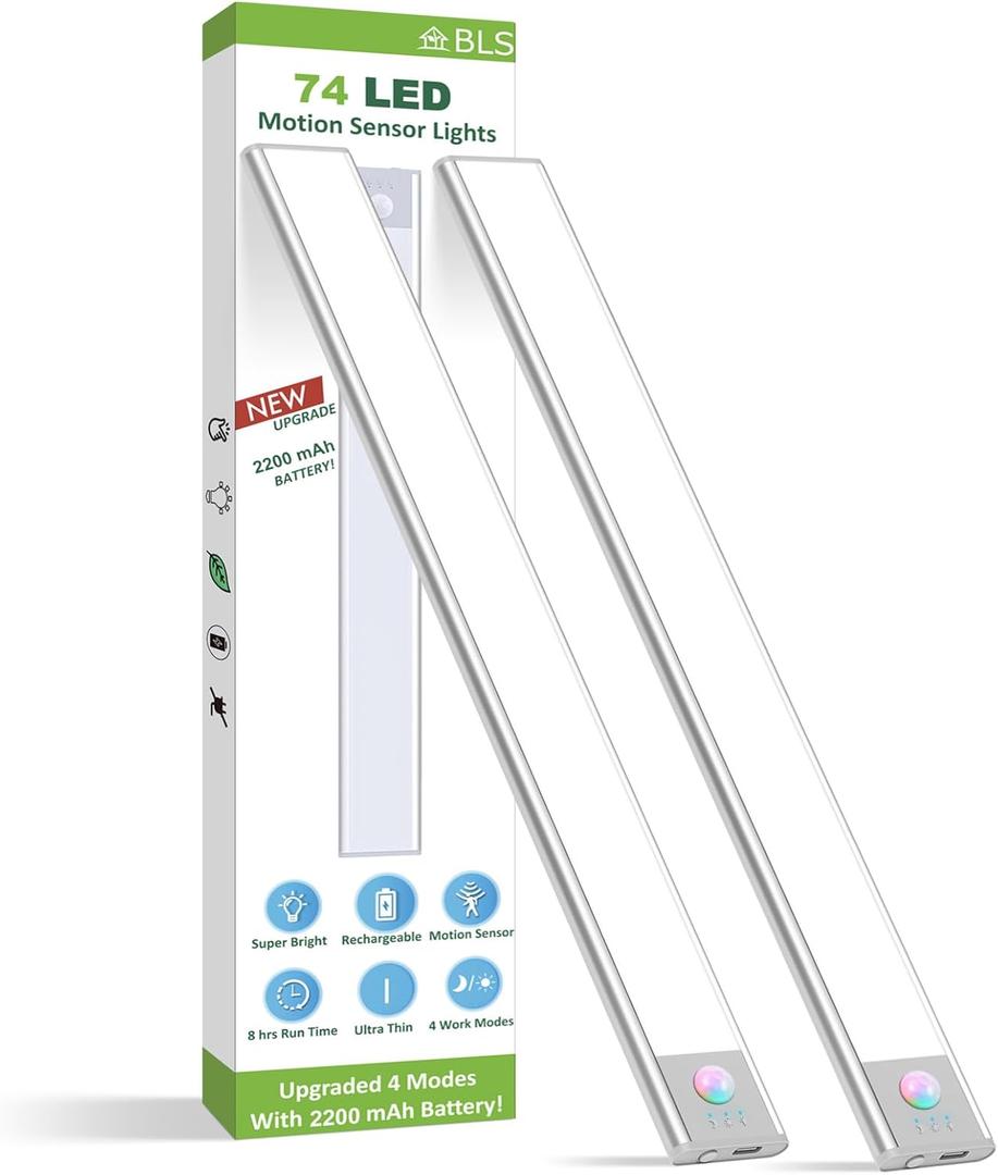 BLS Under Cabinet Lights, 74 LED lights Battery Operated Motion Sensor Light Indoor, USB C Rechargeable Closet Lights Motion Sensored, 2200mah Wireless Magnetic Light for Kitchen Night Stairs (2 Pack) (Cool White- 14.6 inch)