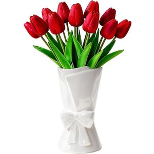 Fully Glazed White Ceramic Bow Vase 9.64 in Unique Cute Modern Decorative Bouquet Flower Vases for Home Living Room Table Valentine's Day Decor Women Girl Gifts