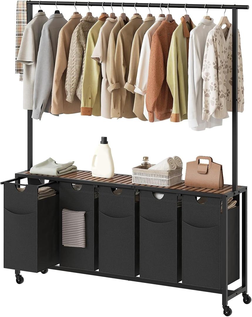 Laundry Hamper, Laundry Sorter 5 Section, Rolling Laundry Basket, Laundry Sorter with Hanging Bar, Hampers for Laundry, Laundry Basket Organizer for Laundry Room, Rustic Brown LS57BR (63.8"L x 11.8"W x 70.9"H)