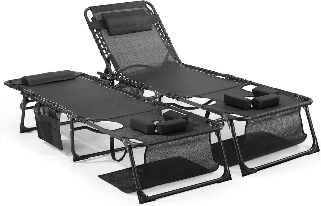 Unovivy Tanning Chairs with Face Hole Set of 2, Teslin Folding Outdoor Lounge Chair with 5-Position Reclining Back for Sunbathing, Pool, Patio, Camping (Black)