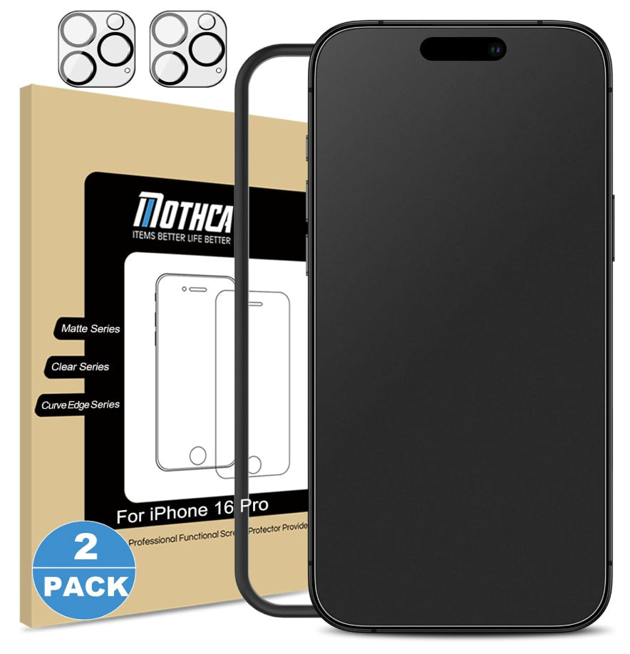 Mothca 2 Pack Matte Glass Screen Protector for iPhone 16 Pro [6.3 inch] + 2 Pack Camera Lens Protector, AntiGlare & AntiFingerprint (Not Privacy Film) Tempered Glass, Bubble Free, Smooth as Silk