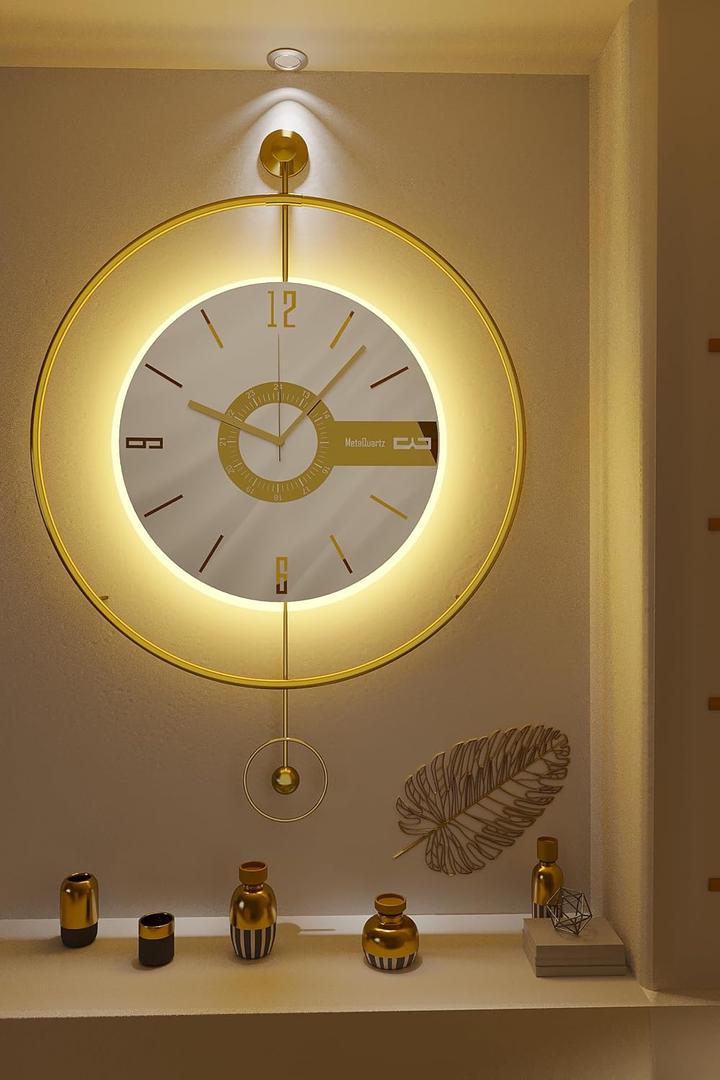 Large Luxury LED Backlit Wall Clock – Pendulum Roman Numeral Metal Ring, Silent Non-Ticking Decorative Clock for Living Room Bedroom Entryway, Modern Halo Glow (Elit Gold)