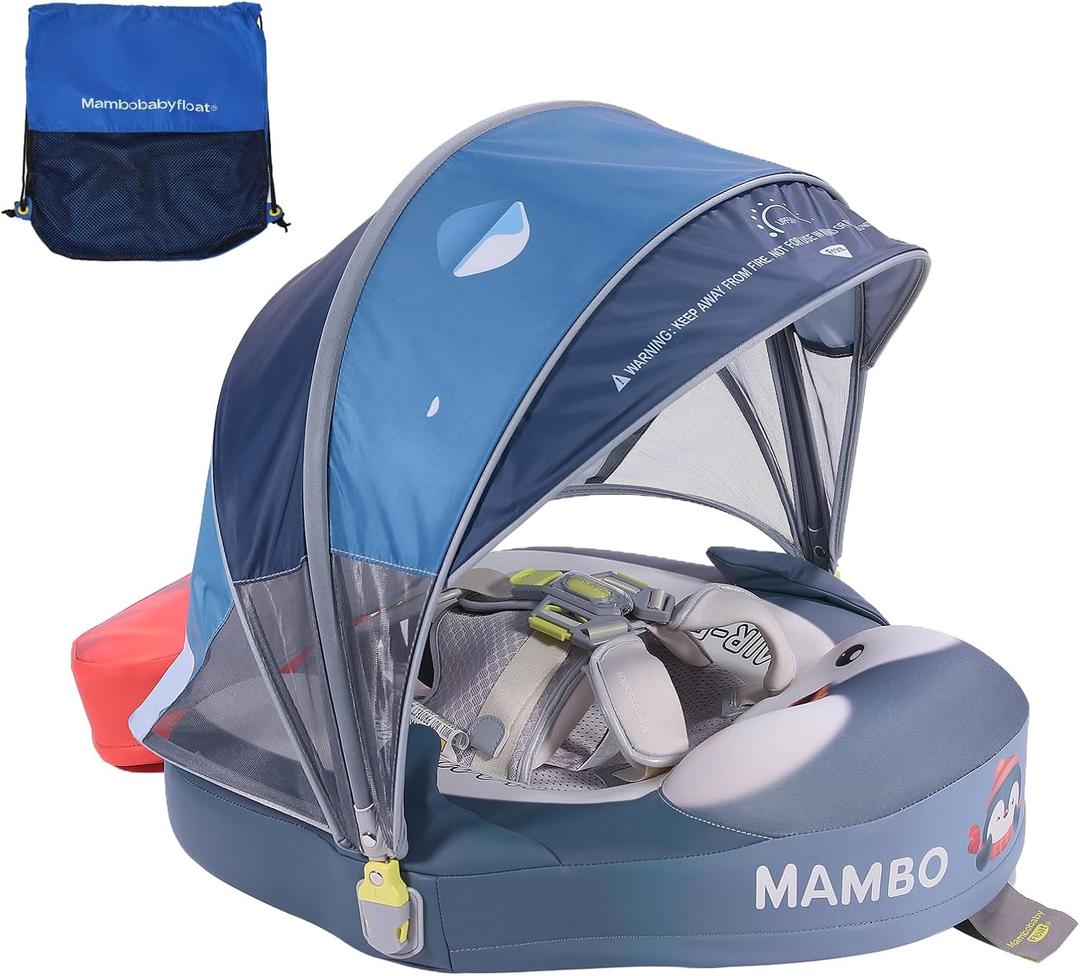 Mambobaby Non-Inflatable Baby Pool Float with Canopy, 3-24 Months | Signature blue penguin design with UPF 50+ sun shade, 5-point harness, and anti-flip support for stable water play