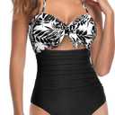 Tempt Me Women Sexy Cutout One Piece Swimsuits Tummy Control High Waisted Halter Front Tie Knot Bathing Suit (Black Floral 1), M