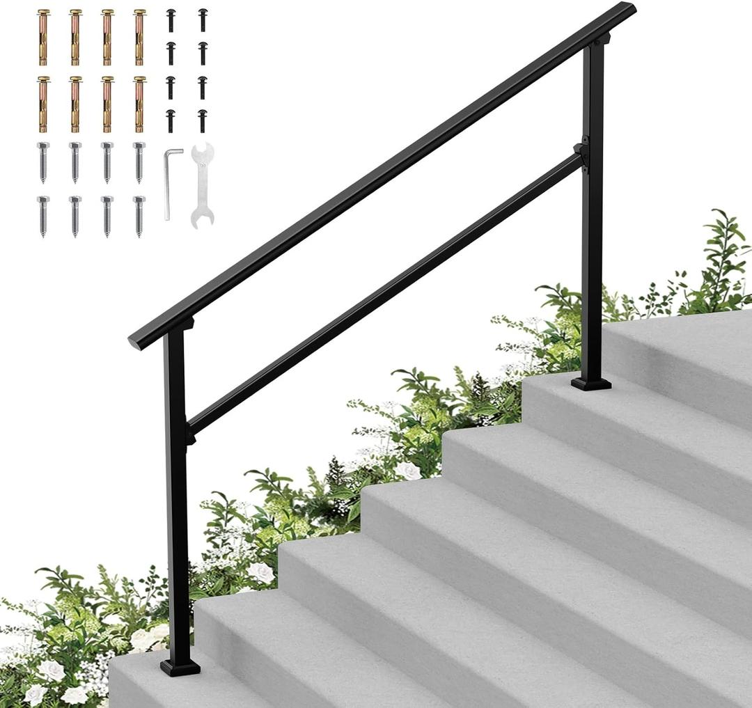 Hand Rails for Outdoor Steps-Adjustable Angle 6-7 Steps Stair Handrail-Galvanized Aluminum Alloy-600 lb LC-Indoor Stair Railing Kit-Waterproof Exterior Porch Railing-Deck Hand Rail for Concrete Wood (Straight)