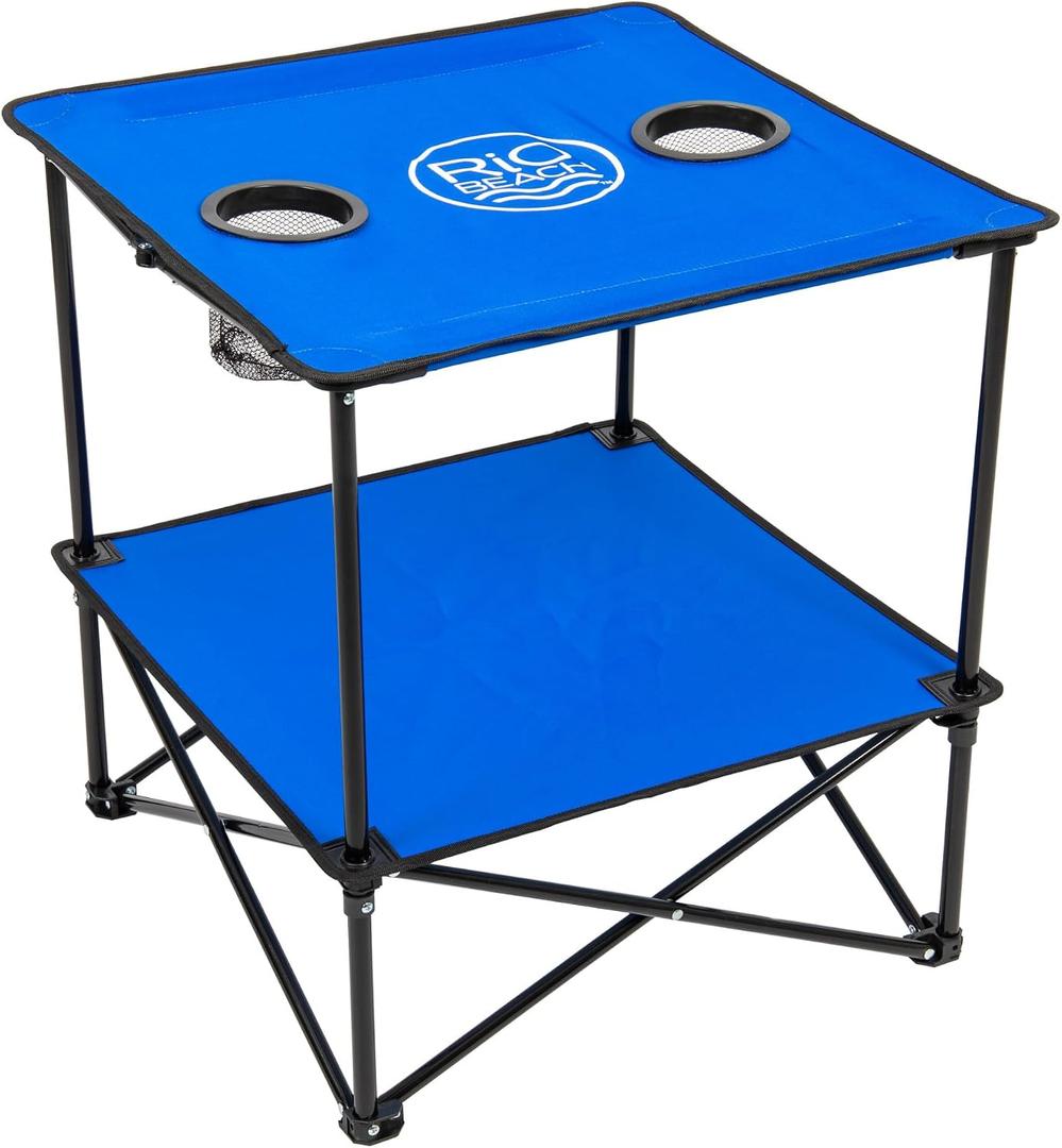 Rio Brands 22" Square Lightweight Fabric Portable Folding Beach Table with Cupholders, Blue