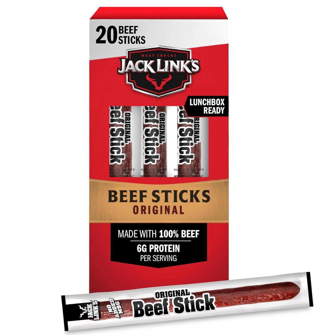 Jack Link's Beef Sticks, Original - Protein Snack, Meat Stick with 6g of Protein, Meat Snack Sticks Made with 100% Beef, Keto Friendly, Individually Wrapped - 0.92 Oz. (20 Count) 