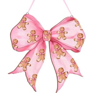 Pink Christmas Gingerbread Man Coquette Bows Wooden Hanging Sign Cute Preppy Aesthetic Wall Art Bowknot Welcome Door Sign Cute Season Decor for Xmas Room Decor