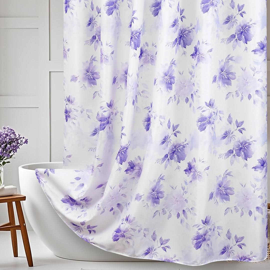 Purple Floral Shower Curtain, Lilac Watercolor Flower Leaves Shower Curtain 72x72, Modern Aesthetic Decorative Fabric Shower Curtain for Bathroom